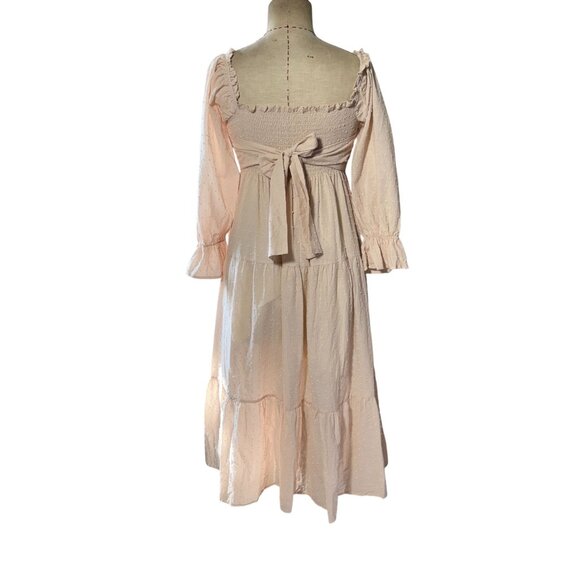 R.vivimos Puff Sleeves Bow Off-Shoulder Boho Midi Dress Medium 8/10 Beige - Picture 5 of 10